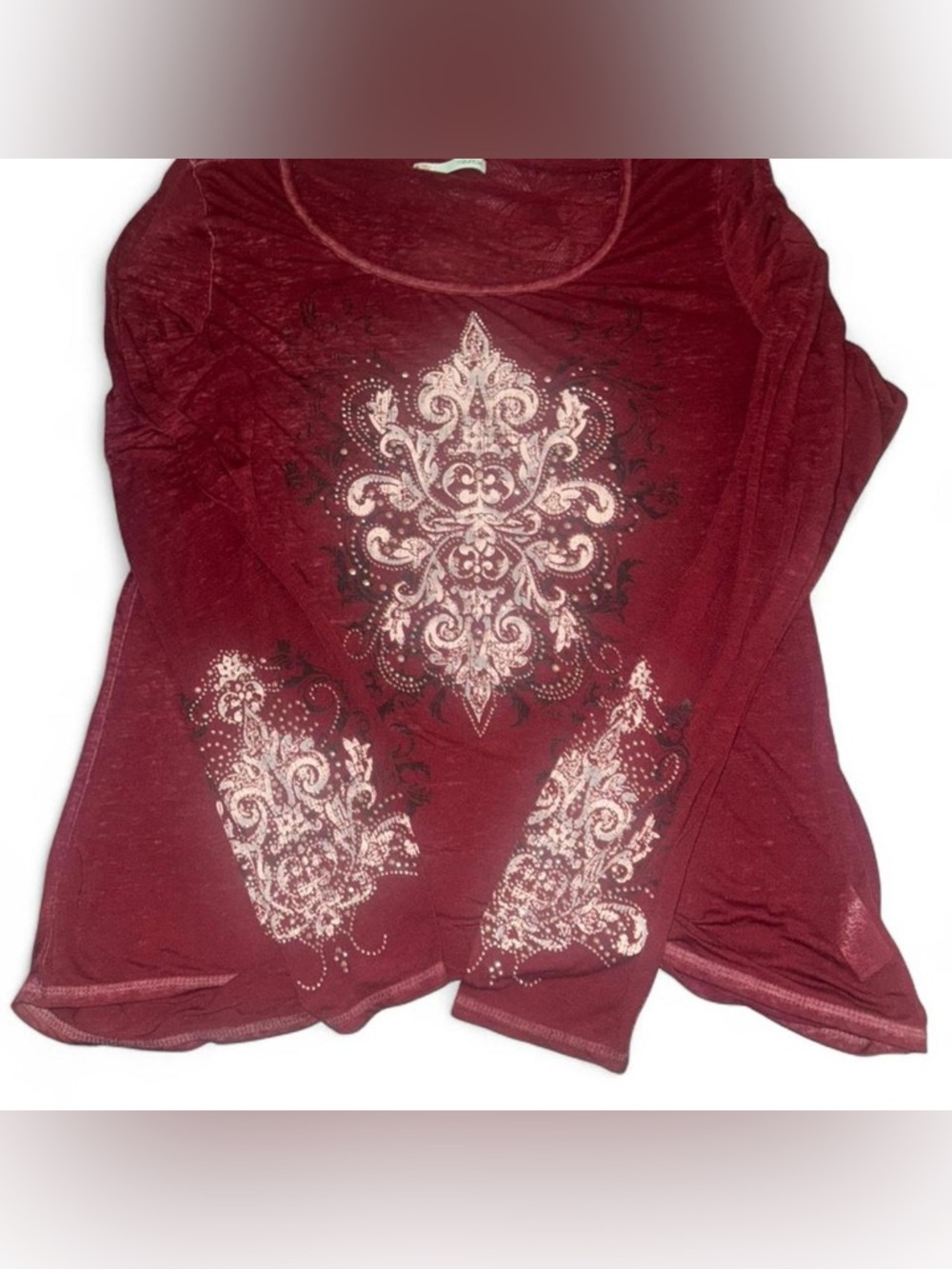 Maurices Burgundy Long Sleeve Top with Cream Ornate Print